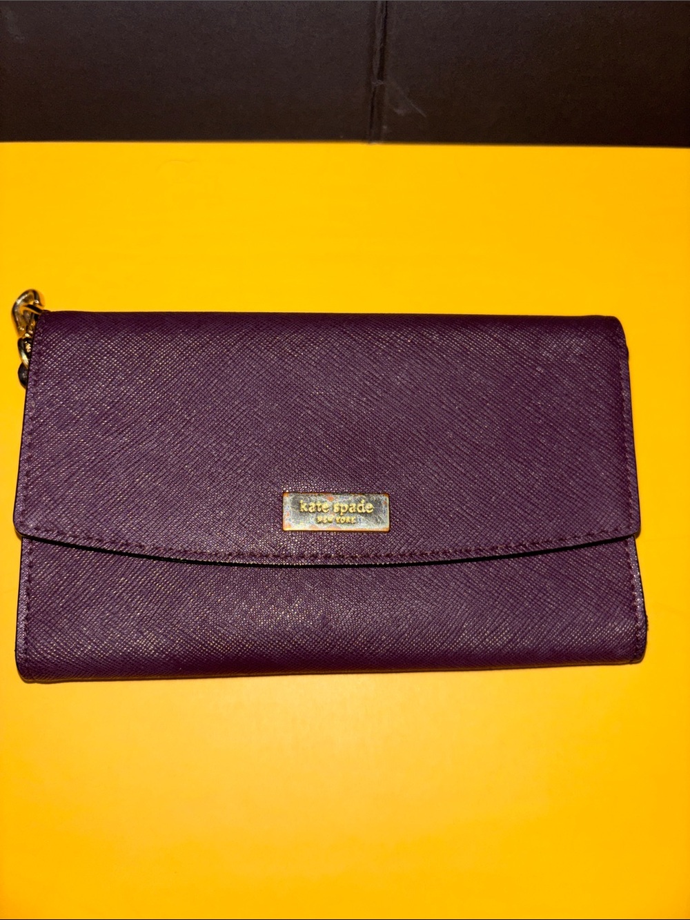 kate spade purple saffiano leather clutch with gold-tone logo